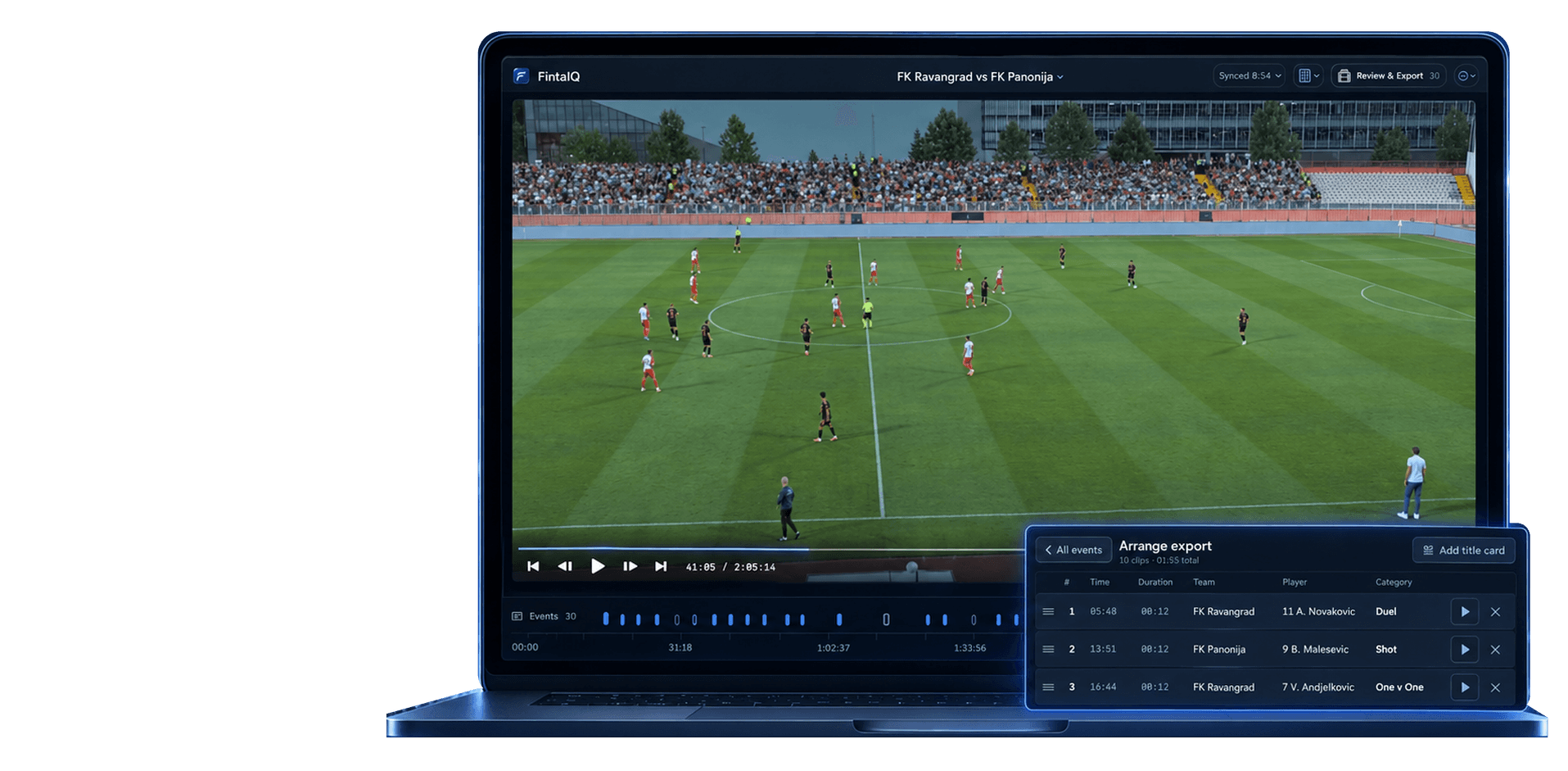 The FintaIQ App on a laptop, showing a match timeline with tagged events and an export panel ready to arrange clips
